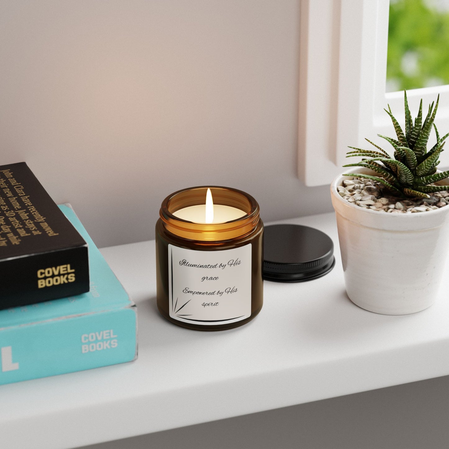 Illuminated by His Grace. Scented Soy Candle (Multi-Size, Amber Jar)