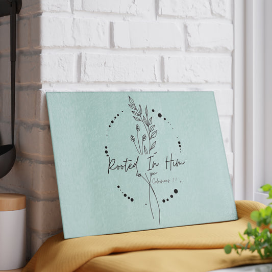 Rooted In Him Glass Cutting Board